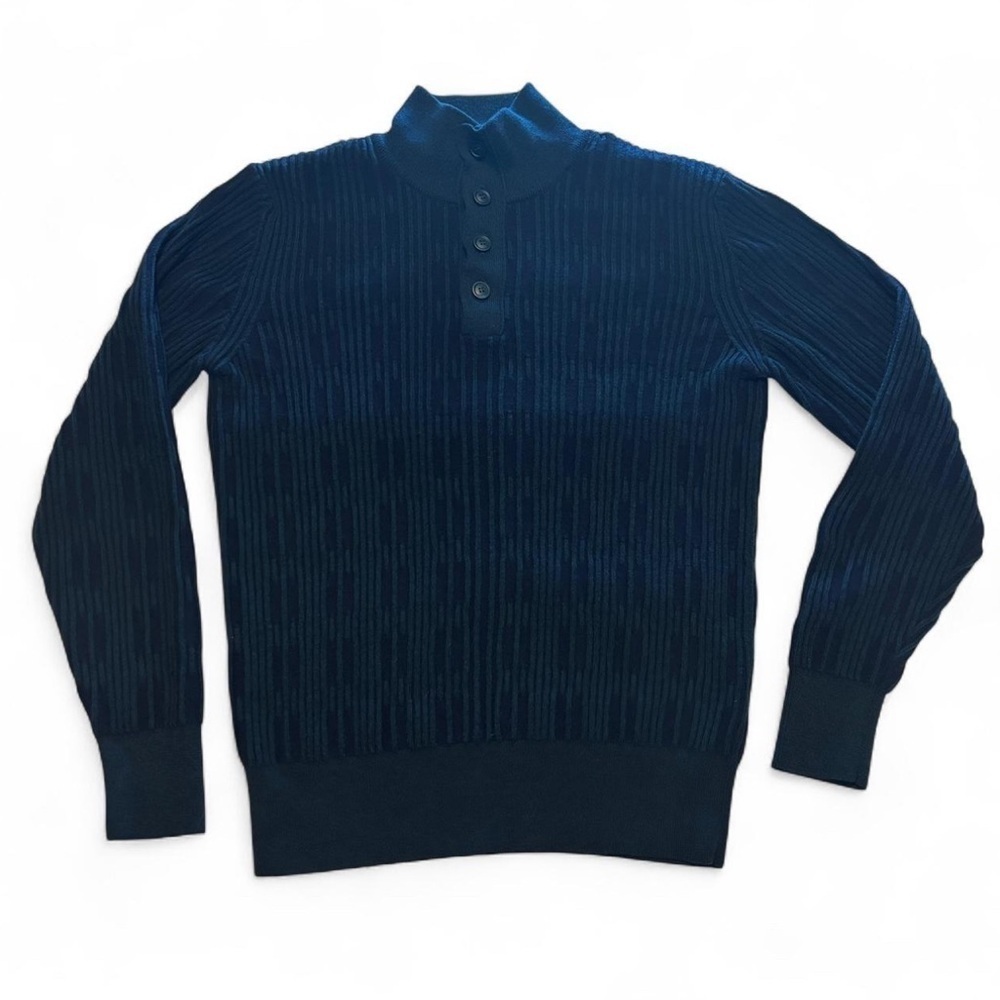 Ferrante Italy Merino Wool Sweater Sz M Blue Green 3D Knit Button Mock Neck READ - Picture 2 of 8